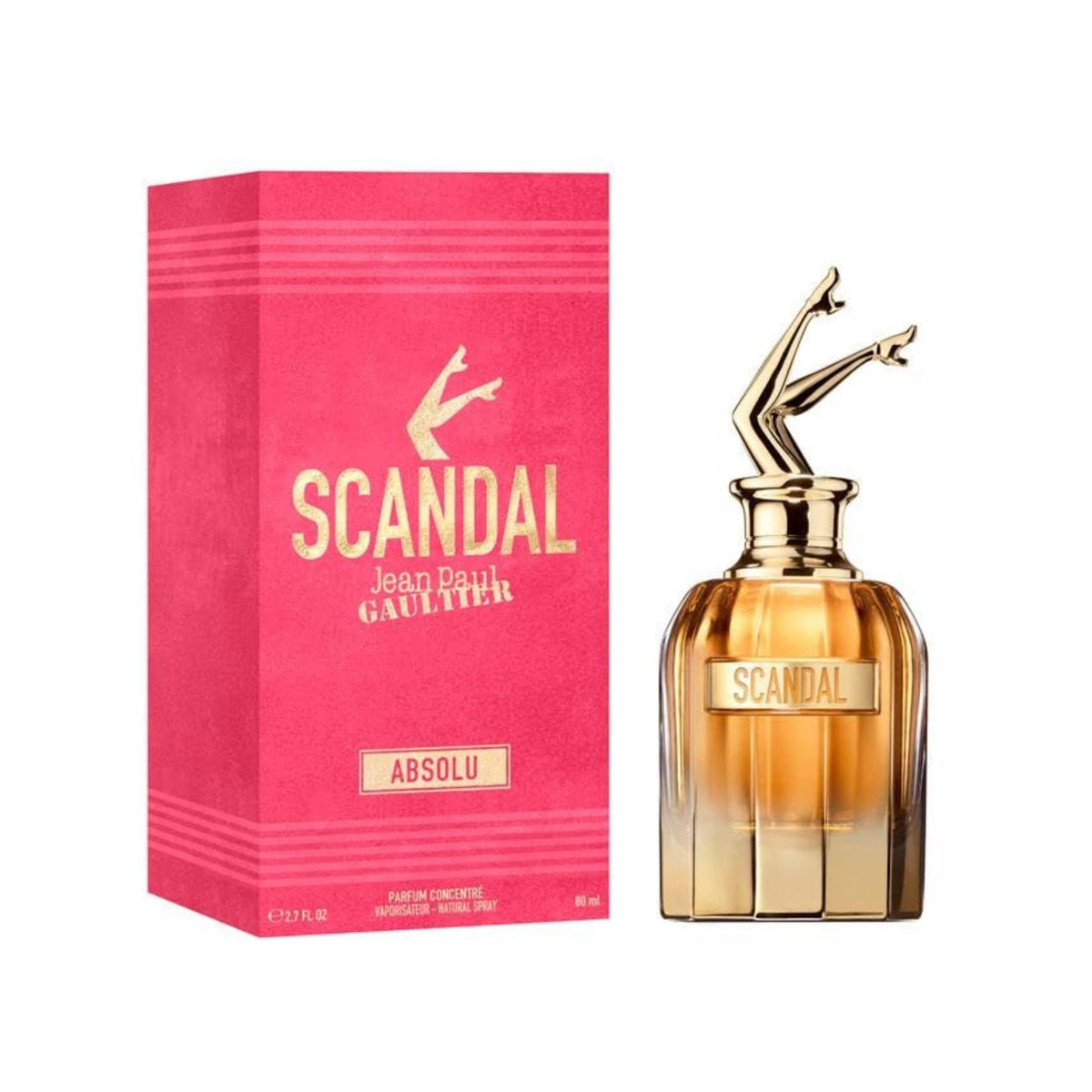 Refect Beauty Jean Paul Gaultier Scandal Absolu perfume bottle with iconic gold legs cap and vibrant pink box