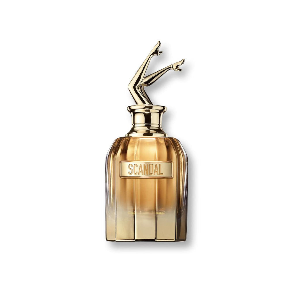 Refect Beauty Jean Paul Gaultier Scandal Absolu perfume bottle with iconic gold legs cap and amber glass flacon