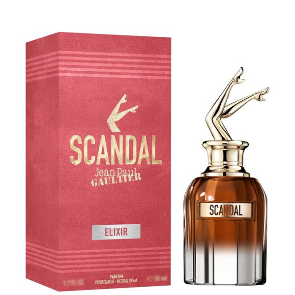 Refect Beauty Jean Paul Gaultier Scandal Elixir Parfum bottle and red box with iconic gold legs cap design