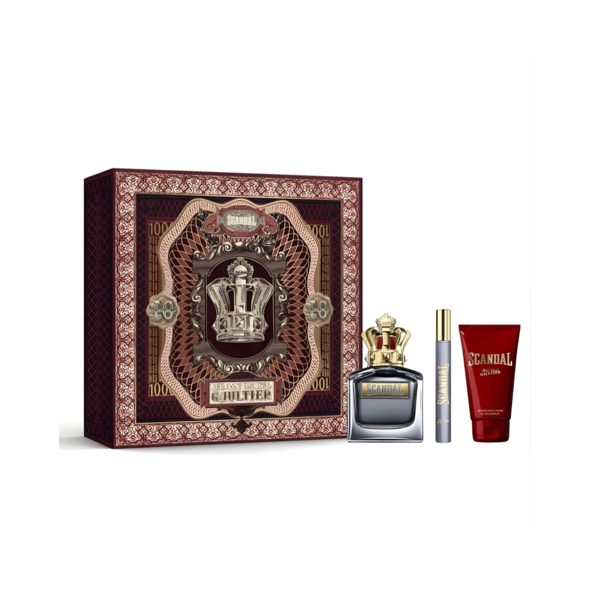 Refect Beauty Jean Paul Gaultier Scandal Pour Homme gift set featuring a perfume bottle, travel spray, and shower gel.
