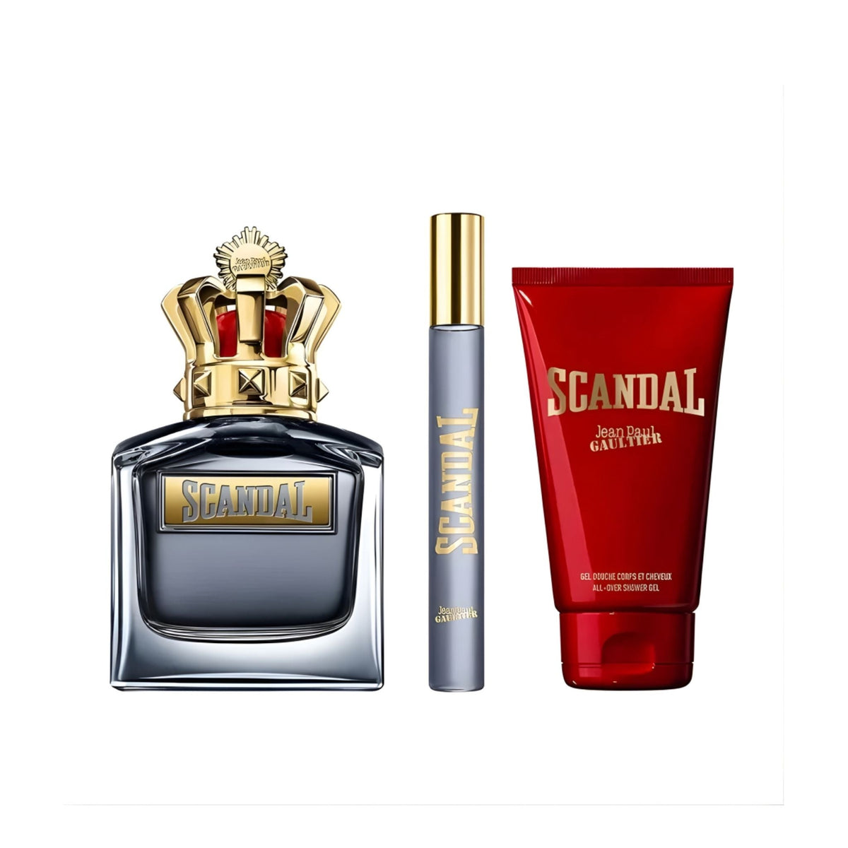 Refect Beauty Jean Paul Gaultier Scandal Pour Homme gift set with cologne bottle, travel spray, and shower gel.