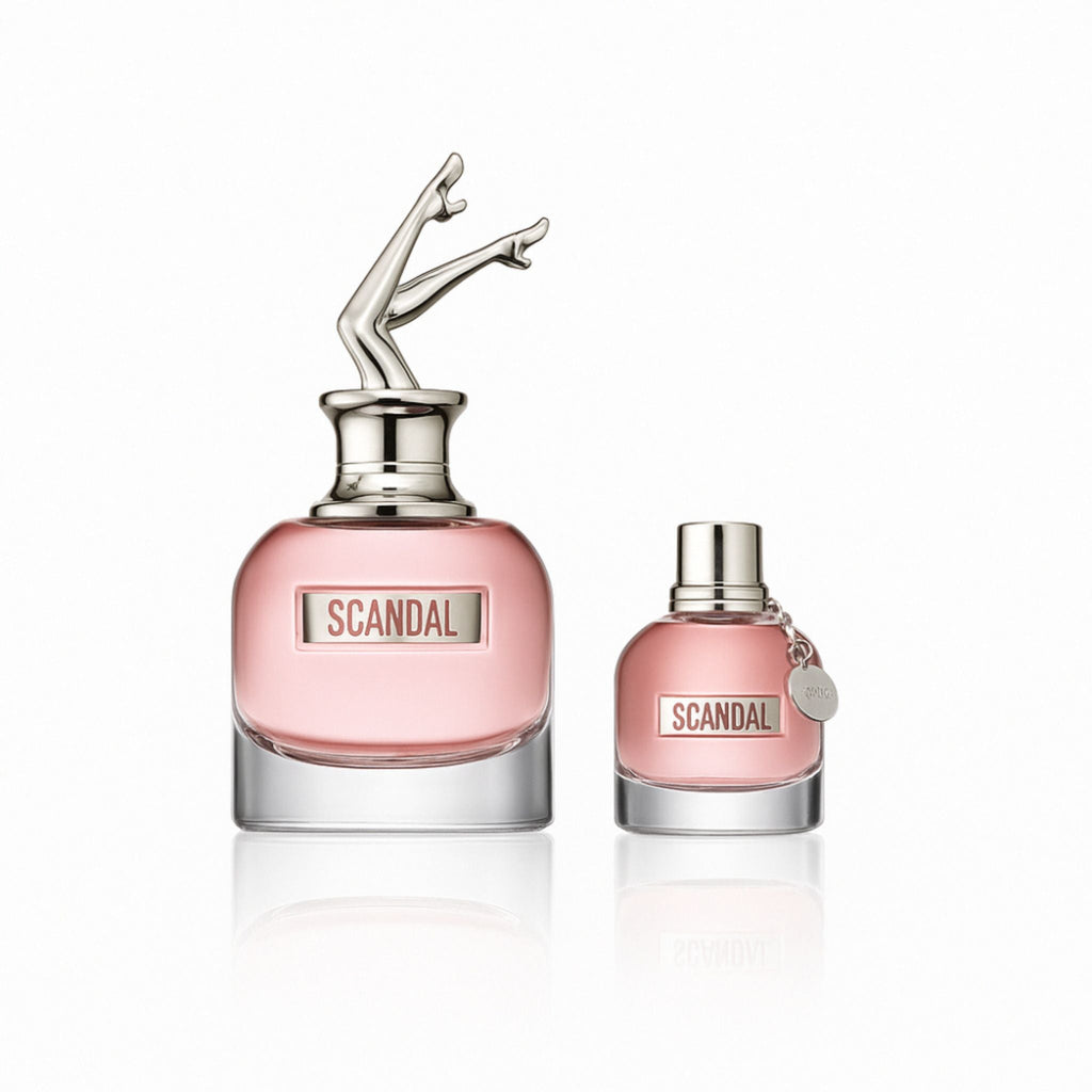 Refect Beauty Jean Paul Gaultier Scandal gift set featuring pink perfume bottle with legs topper and matching hair mist