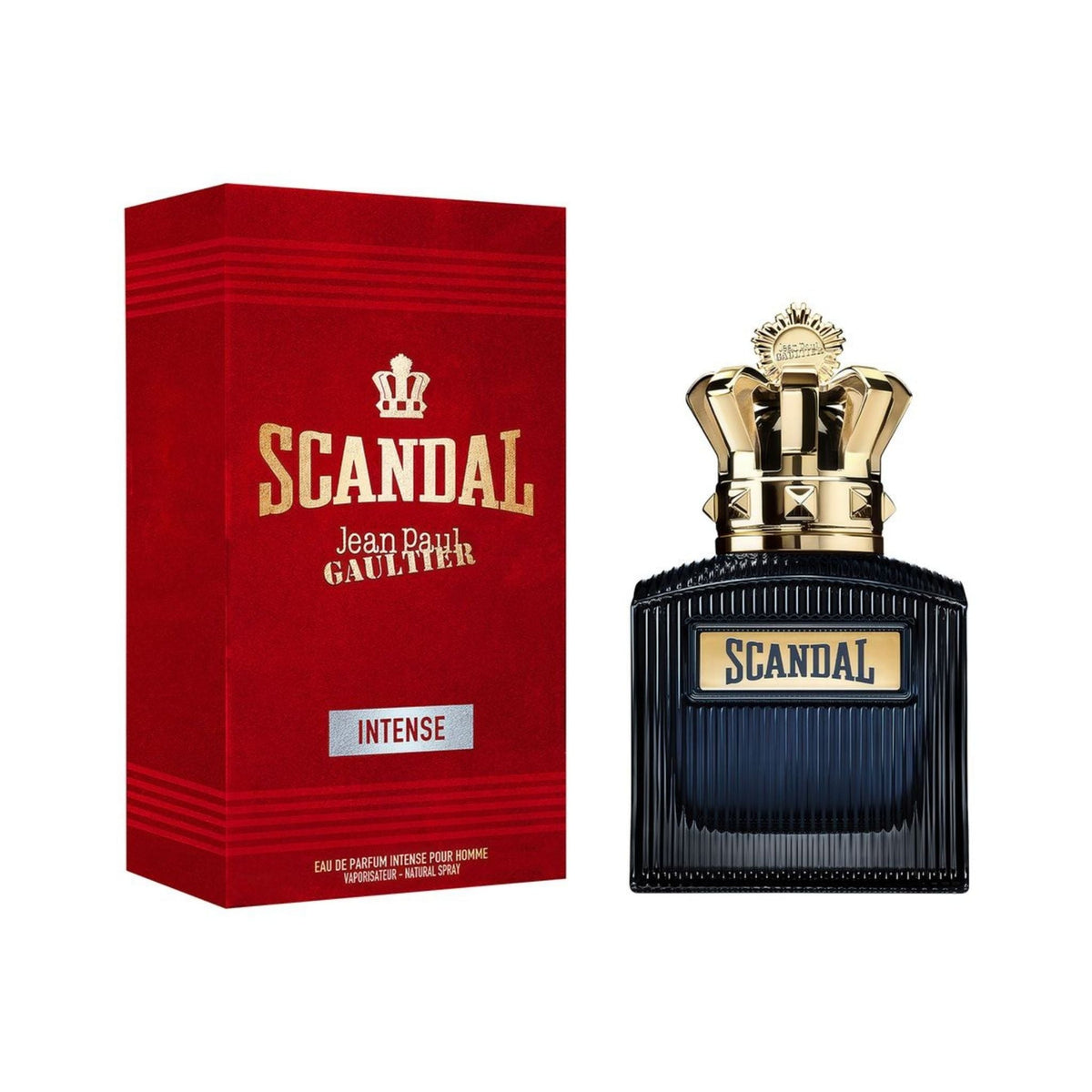 Refect Beauty Jean Paul Gaultier Scandal Pour Homme Intense perfume bottle and red box with gold crown cap