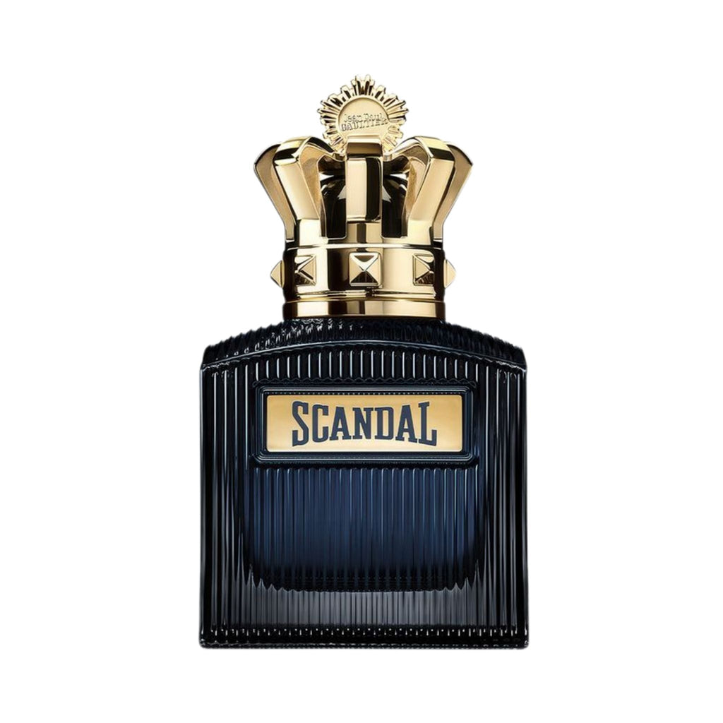 Refect Beauty Jean Paul Gaultier Scandal Pour Homme Intense perfume bottle with a gold crown cap and dark blue glass.