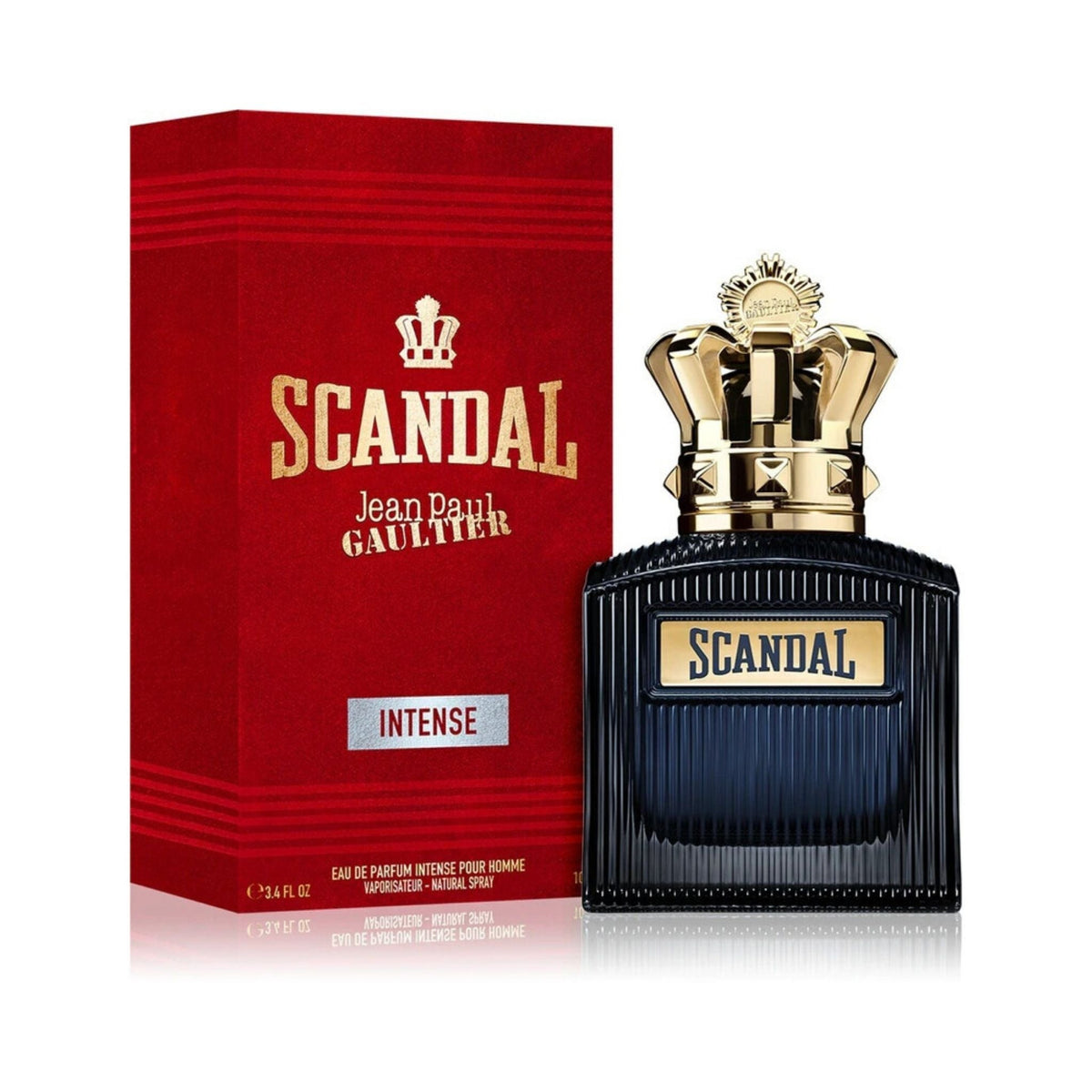 Refect Beauty Jean Paul Gaultier Scandal Intense perfume bottle with gold crown cap next to its red branded box.