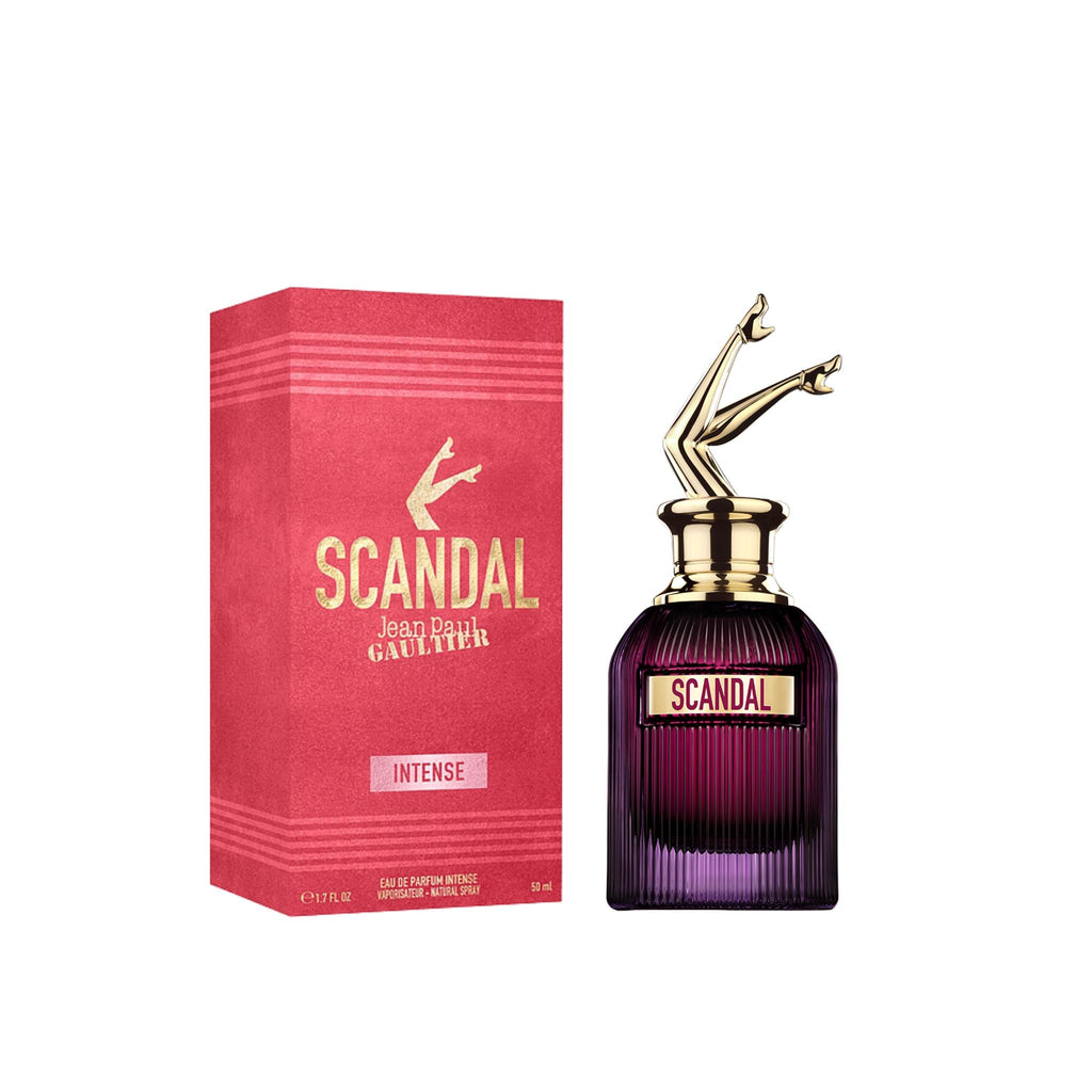 Refect Beauty Jean Paul Gaultier Scandal Intense perfume bottle with iconic gold legs cap and matching red box