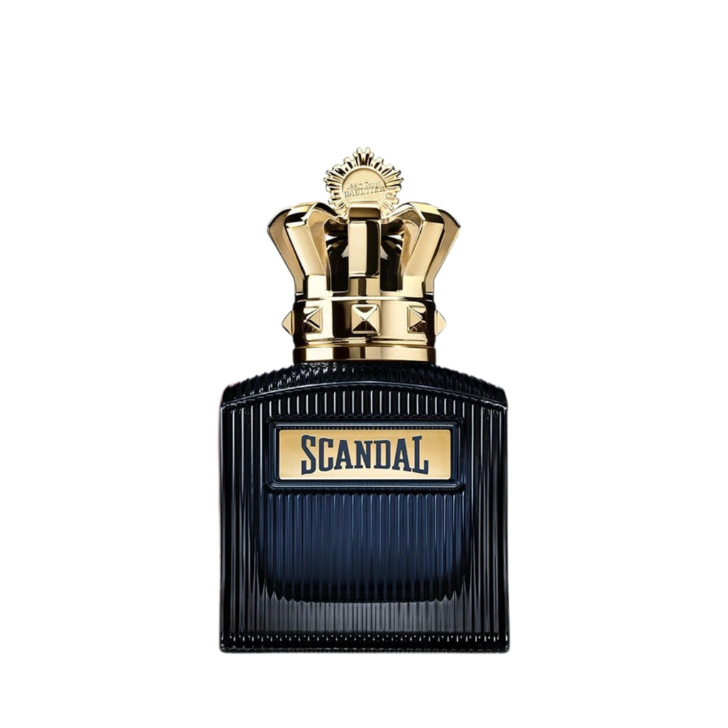 Refect Beauty Jean Paul Gaultier Scandal Intense eau de parfum in a dark blue ribbed bottle with a gold crown cap.