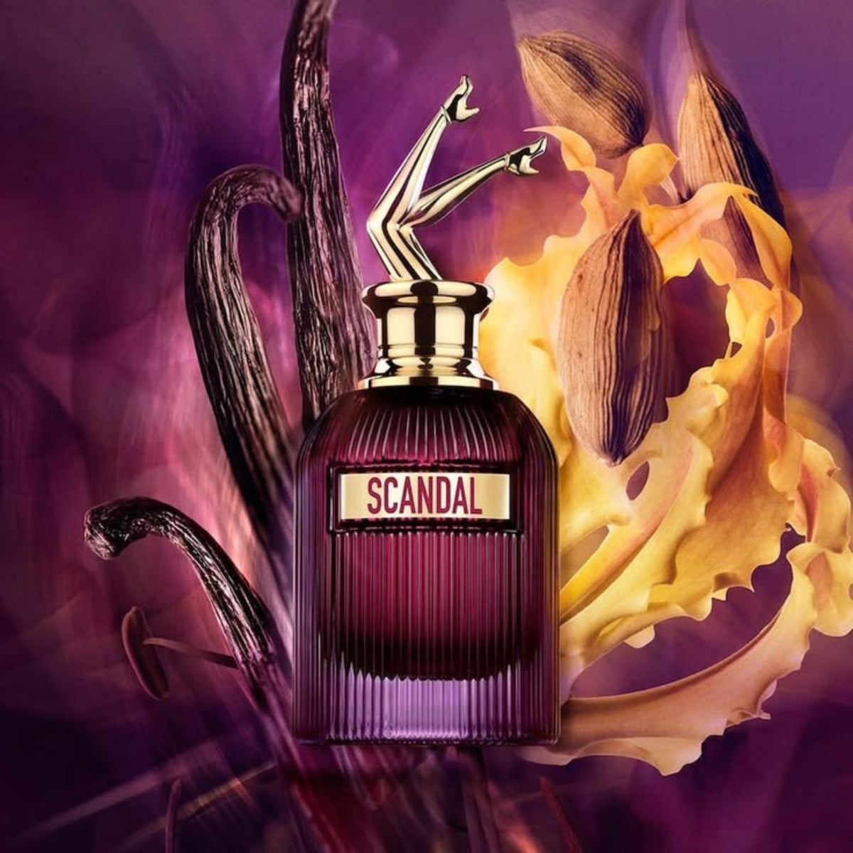 Refect Beauty Jean Paul Gaultier Scandal Intense perfume bottle with iconic gold legs cap against a purple background