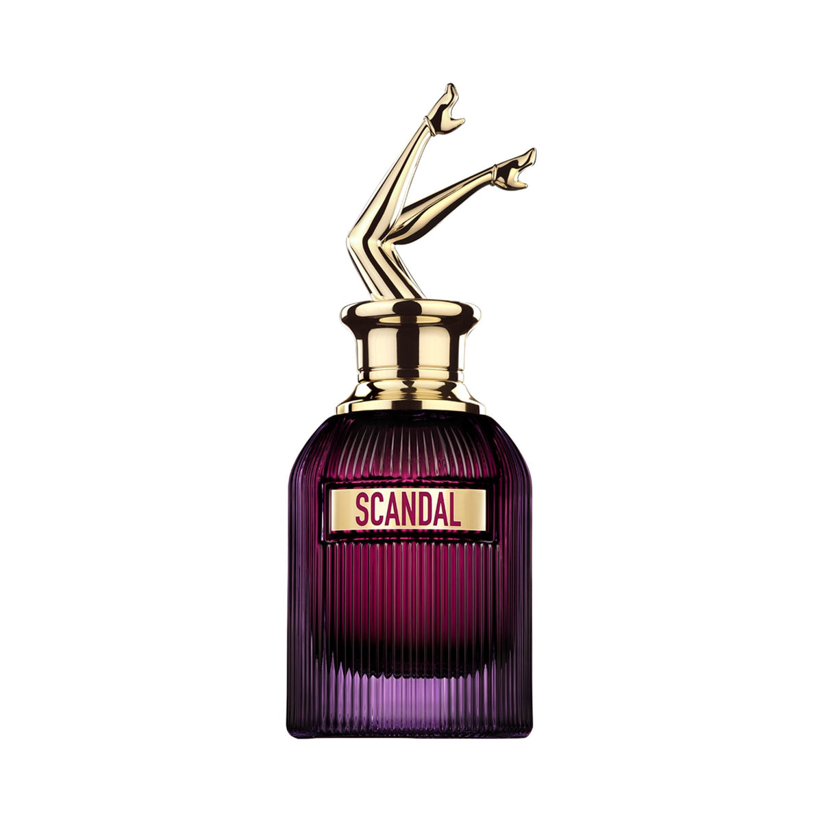 Refect Beauty Jean Paul Gaultier Scandal Intense perfume bottle with iconic gold legs cap and deep purple glass.