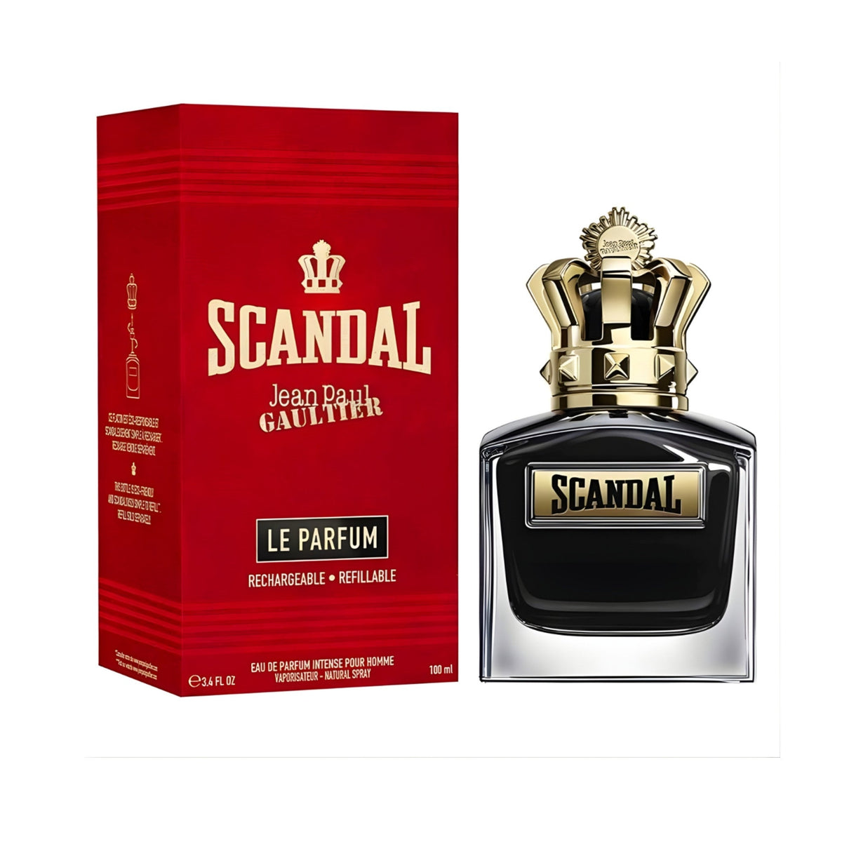 Refect Beauty Jean Paul Gaultier Scandal Pour Homme Le Parfum bottle with gold crown cap next to its red box.