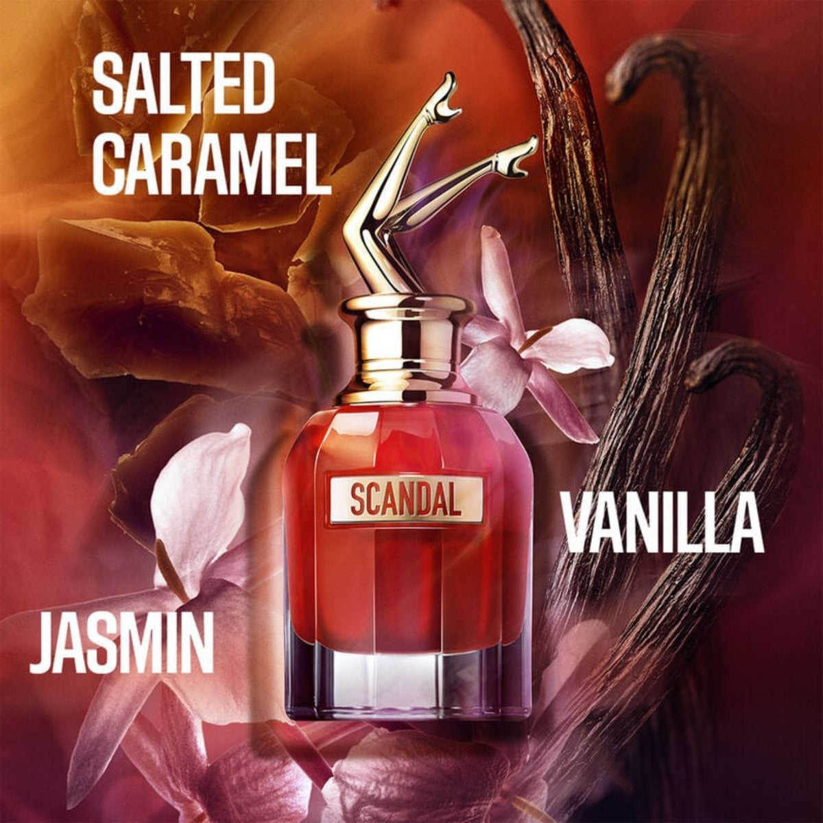 Refect Beauty Jean Paul Gaultier Scandal Le Parfum bottle with iconic legs cap against a floral and vanilla background