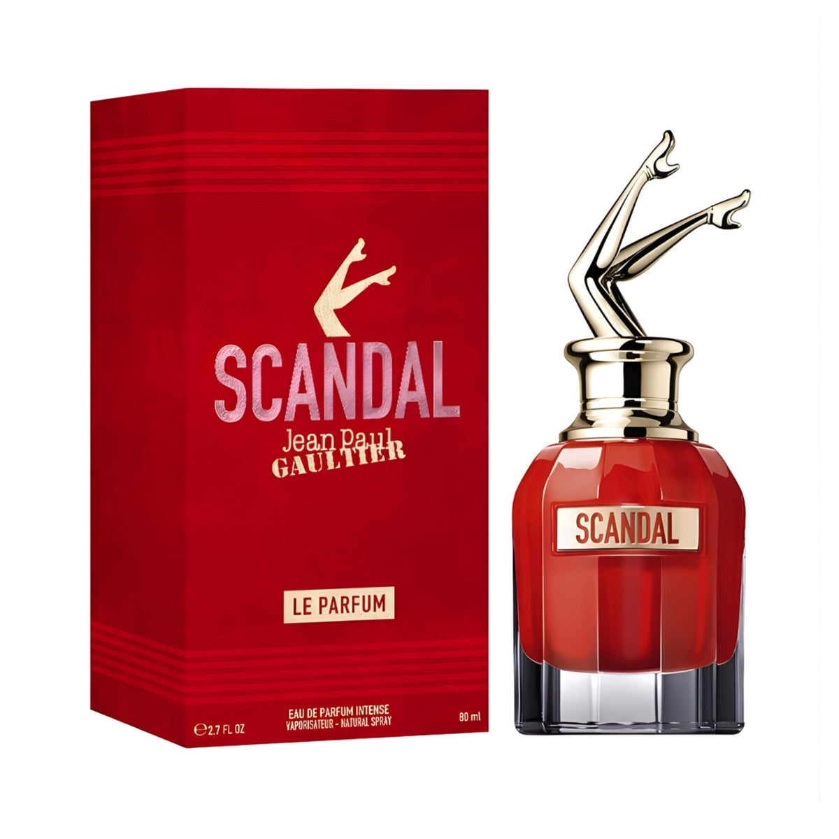 Refect Beauty Jean Paul Gaultier Scandal Le Parfum Intense bottle and red box featuring iconic gold legs cap design.