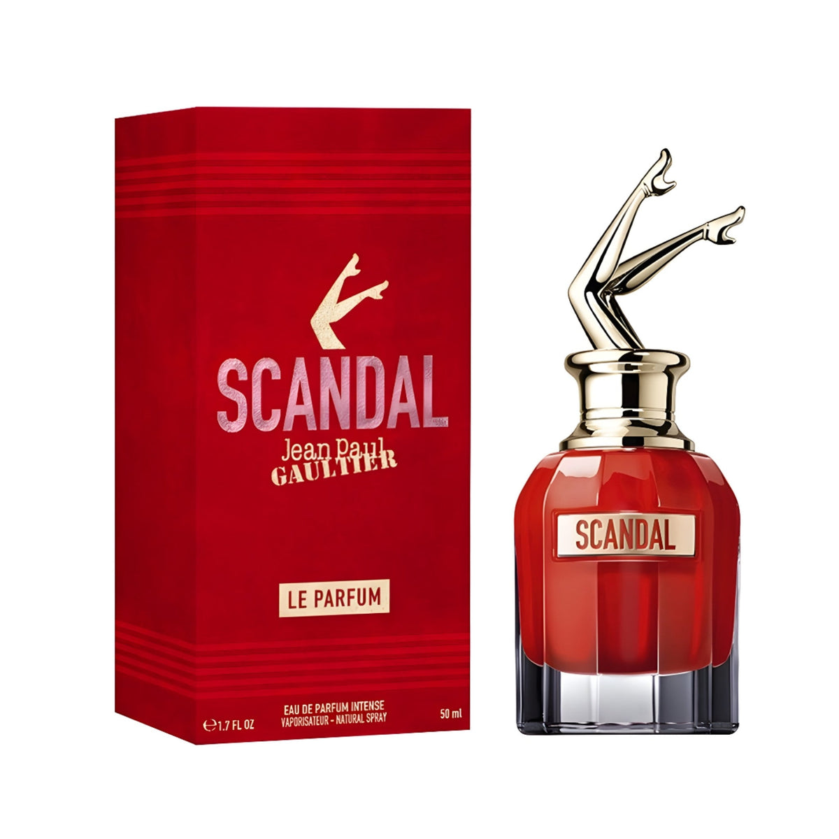 Refect Beauty Jean Paul Gaultier Scandal Le Parfum intense fragrance bottle with iconic gold legs cap and red box.