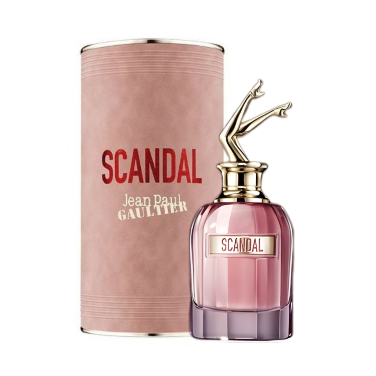 Refect Beauty Jean Paul Gaultier Scandal Eau de Parfum in a pink glass bottle with a gold leg cap and matching canister