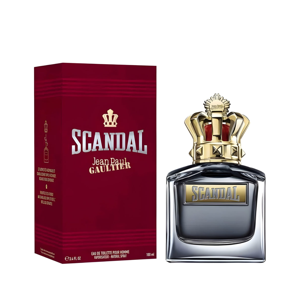 Refect Beauty Jean Paul Gaultier Scandal Pour Homme Eau de Toilette bottle with crown cap next to its red box.