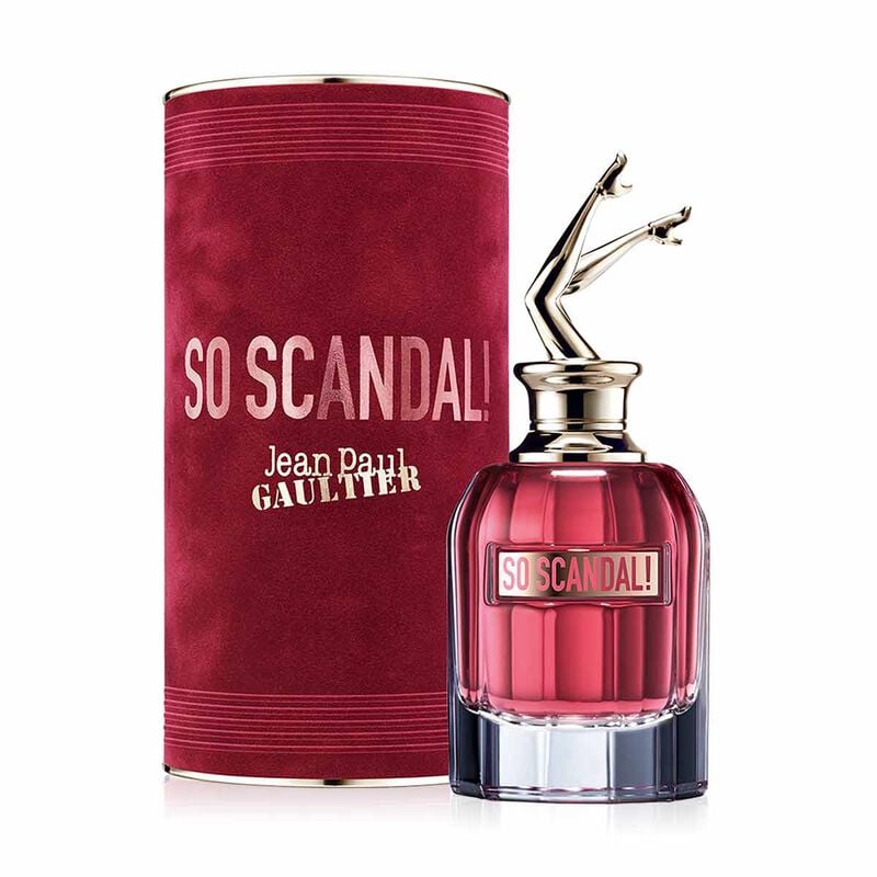 Refect Beauty Jean Paul Gaultier So Scandal Eau de Parfum in a deep red bottle with iconic leg-shaped gold cap