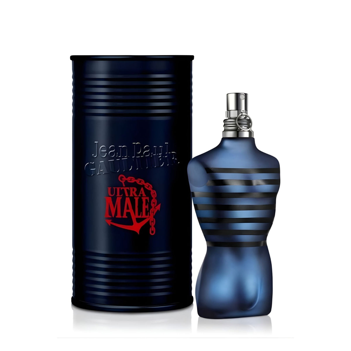 Refect Beauty Jean Paul Gaultier Ultra Male eau de toilette bottle and cylindrical tin case in dark blue