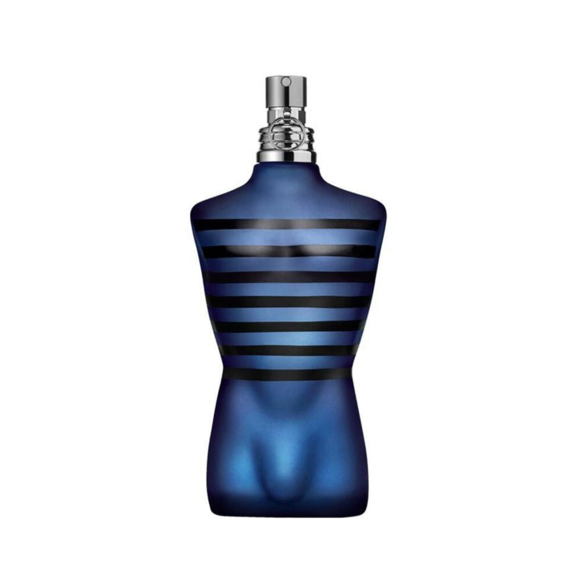 Refect Beauty Jean Paul Gaultier Ultra Male Eau de Toilette Intense in a blue torso-shaped bottle with black stripes.