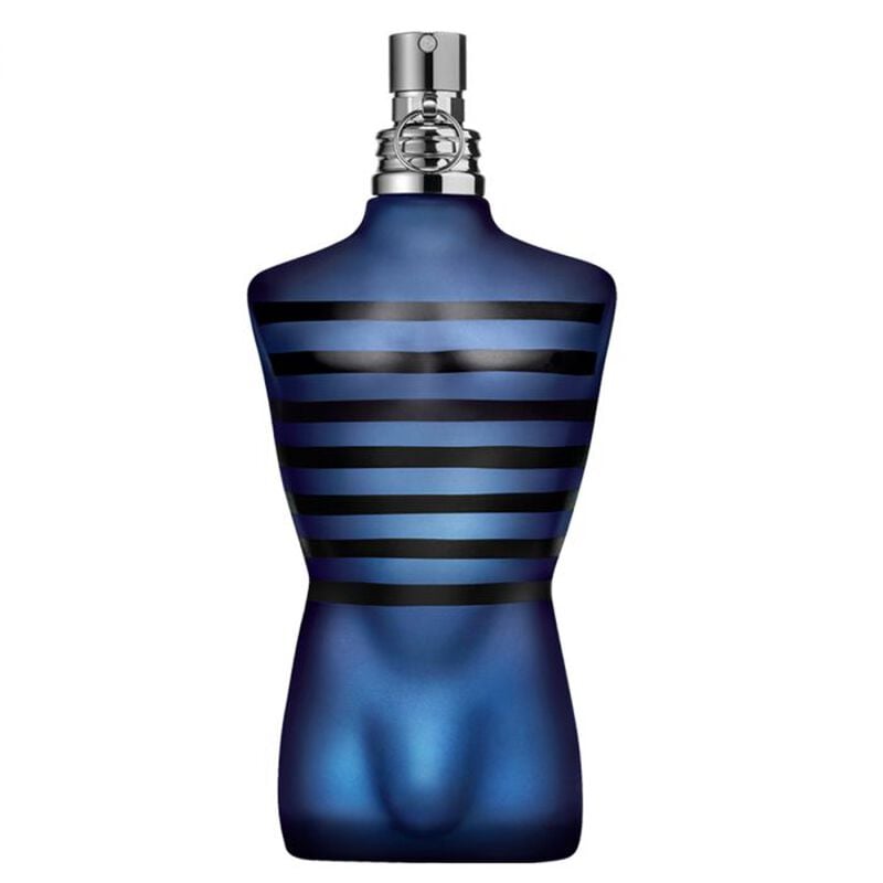 Refect Beauty Jean Paul Gaultier Ultra Male eau de toilette in a signature blue torso-shaped bottle with black stripes.