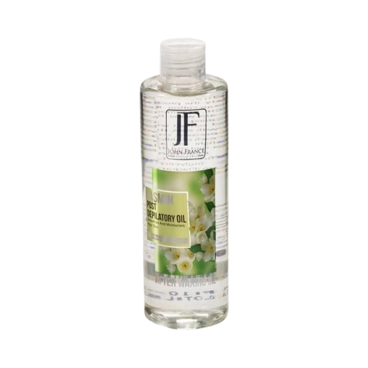 Refect Beauty John France Jasmin post-depilatory oil in a clear bottle for removing wax and soothing skin.