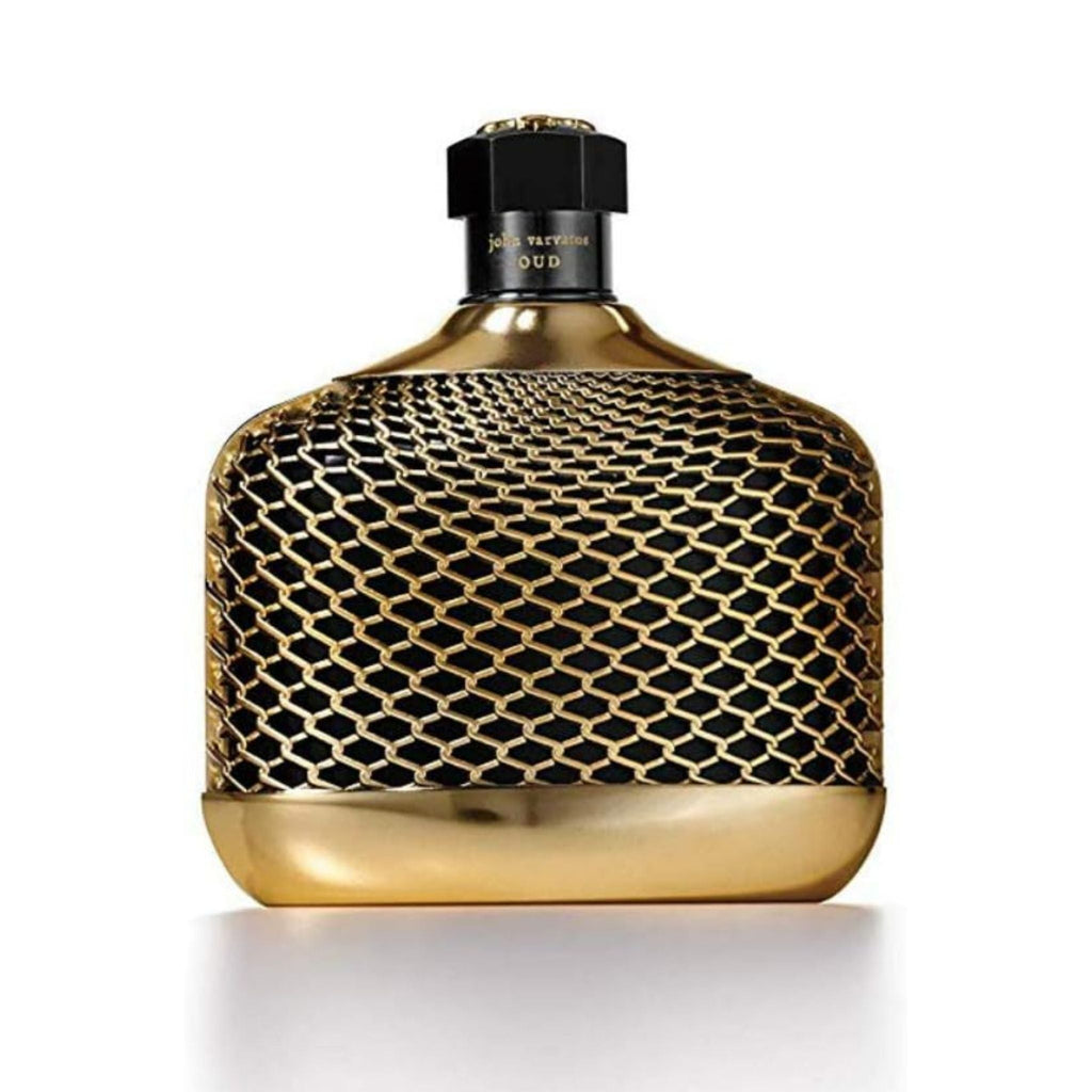 Refect Beauty John Varvatos Oud Eau de Parfum in a black bottle with a decorative gold metal mesh overlay