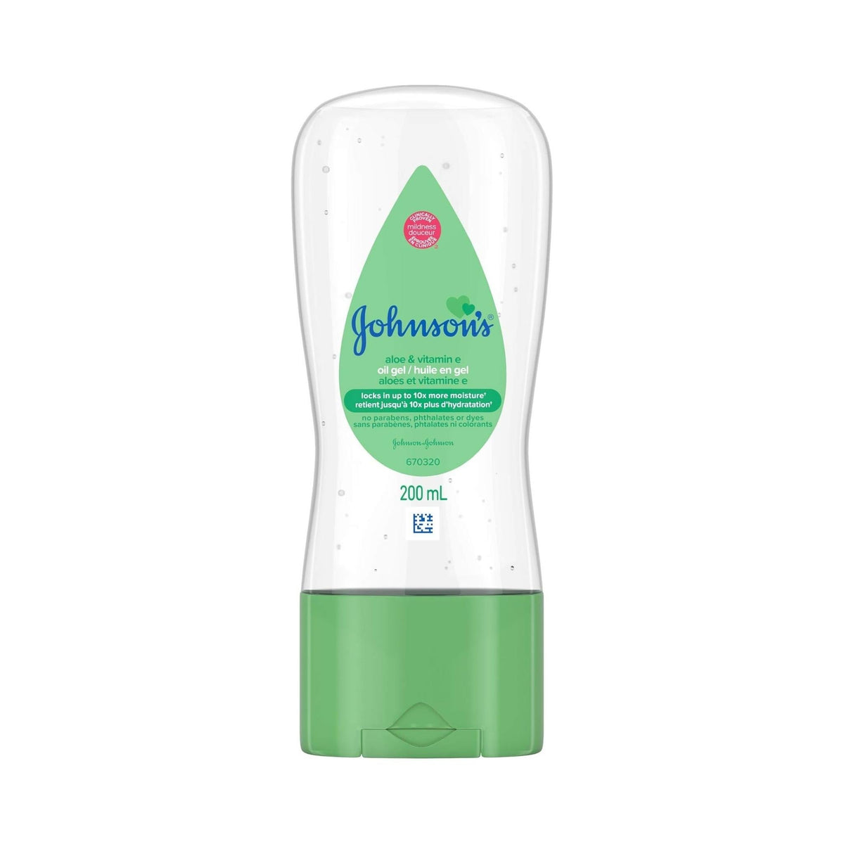 Refect Beauty Johnsons Aloe Vera and Vitamin E baby oil gel in a clear 200ml bottle with a green flip-top cap.