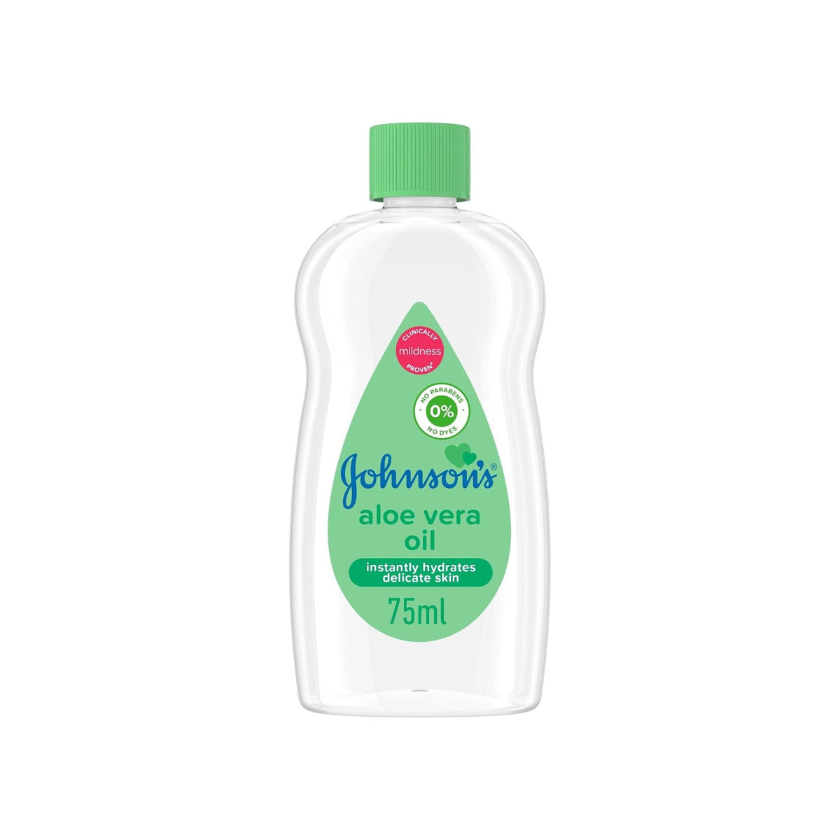 Refect Beauty Johnsons Aloe Vera baby oil in a 75ml clear bottle with a green cap for gentle skin hydration.