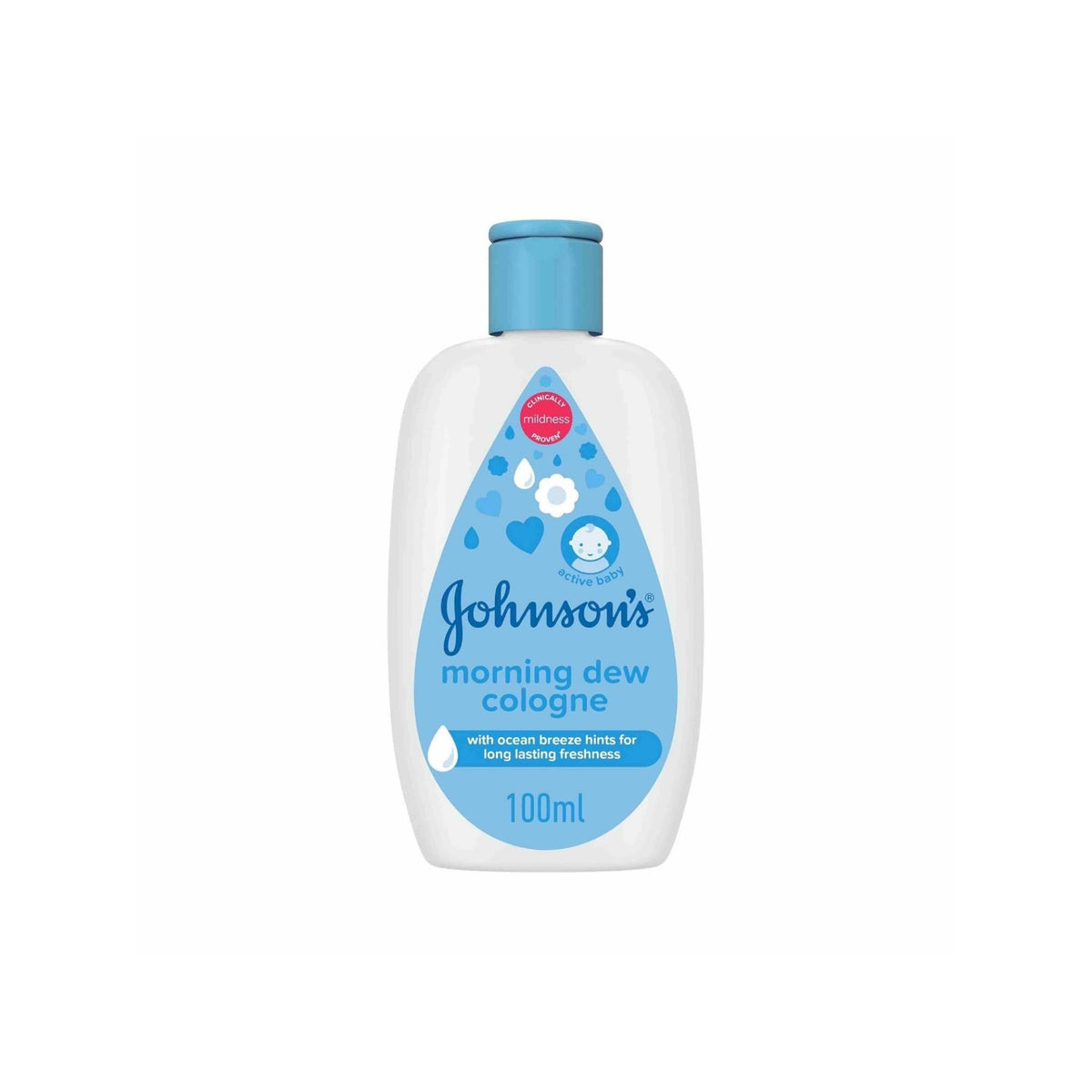Refect Beauty Johnsons Baby Morning Dew Cologne in a 100ml bottle with a light blue cap and ocean breeze scent.