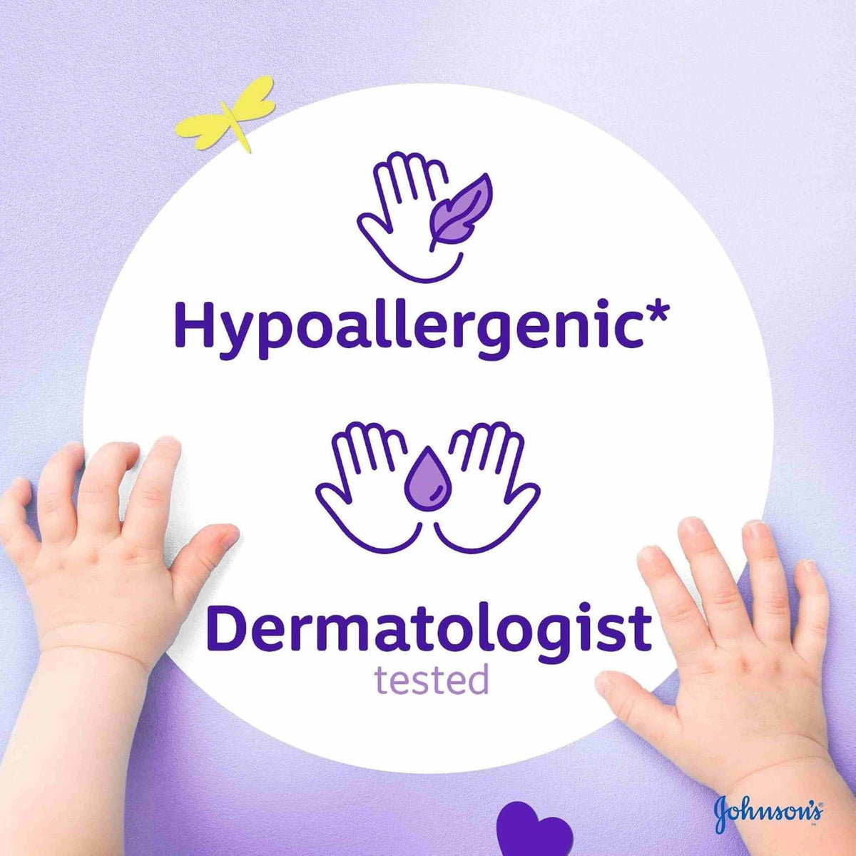 Refect Beauty Johnson's Baby Oil graphic showing hypoallergenic and dermatologist tested icons with baby hands