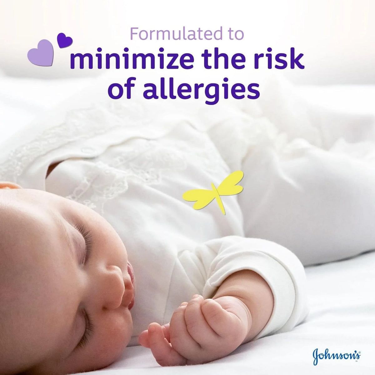 Refect Beauty Johnsons Sleep Time Baby Oil promotes hypoallergenic care for a sleeping baby in white clothing