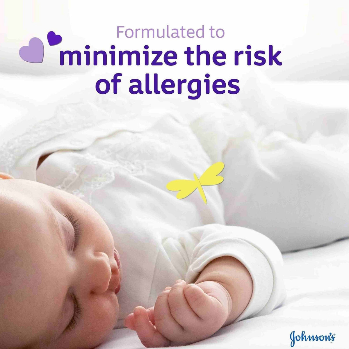 Refect Beauty Johnsons Baby Sleep time Oil promotes hypoallergenic care for a sleeping baby on soft white bedding