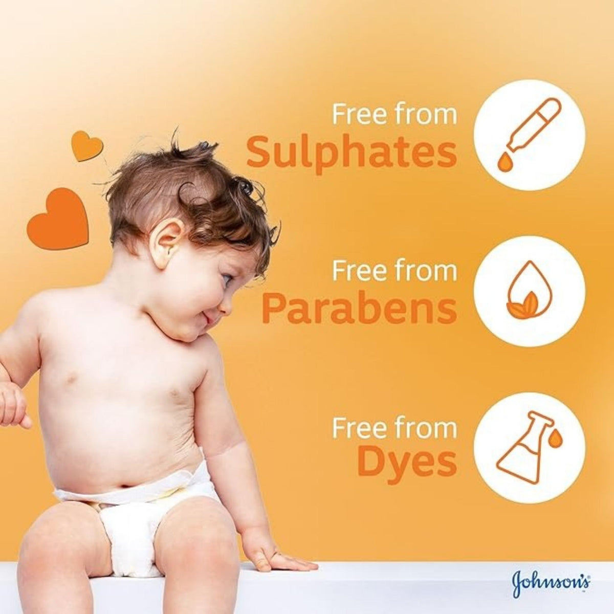 Refect Beauty Johnsons Baby Shampoo advertisement featuring a happy baby and icons highlighting free-from ingredients