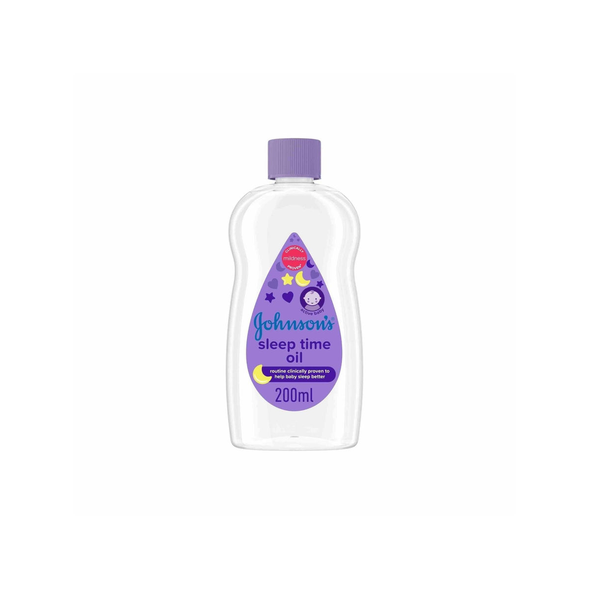 Refect Beauty Johnsons Baby Sleep time Oil in a 200ml clear bottle with a purple cap for gentle baby massage