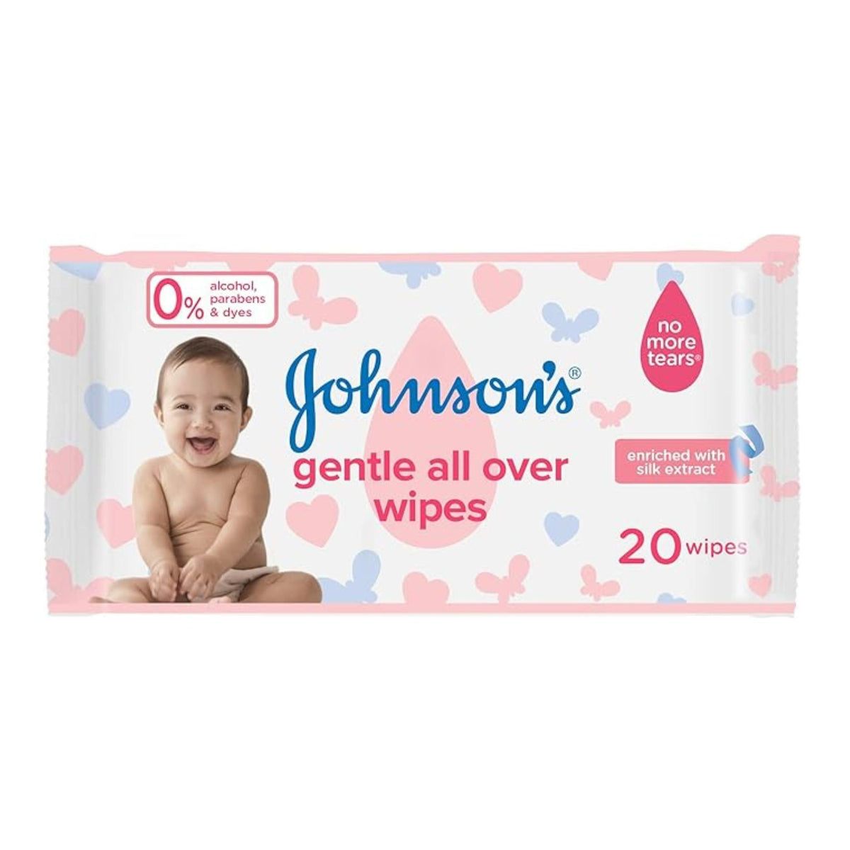 Refect Beauty Johnson's Gentle All Over baby wipes pack with silk extract, featuring a cute baby and heart pattern.