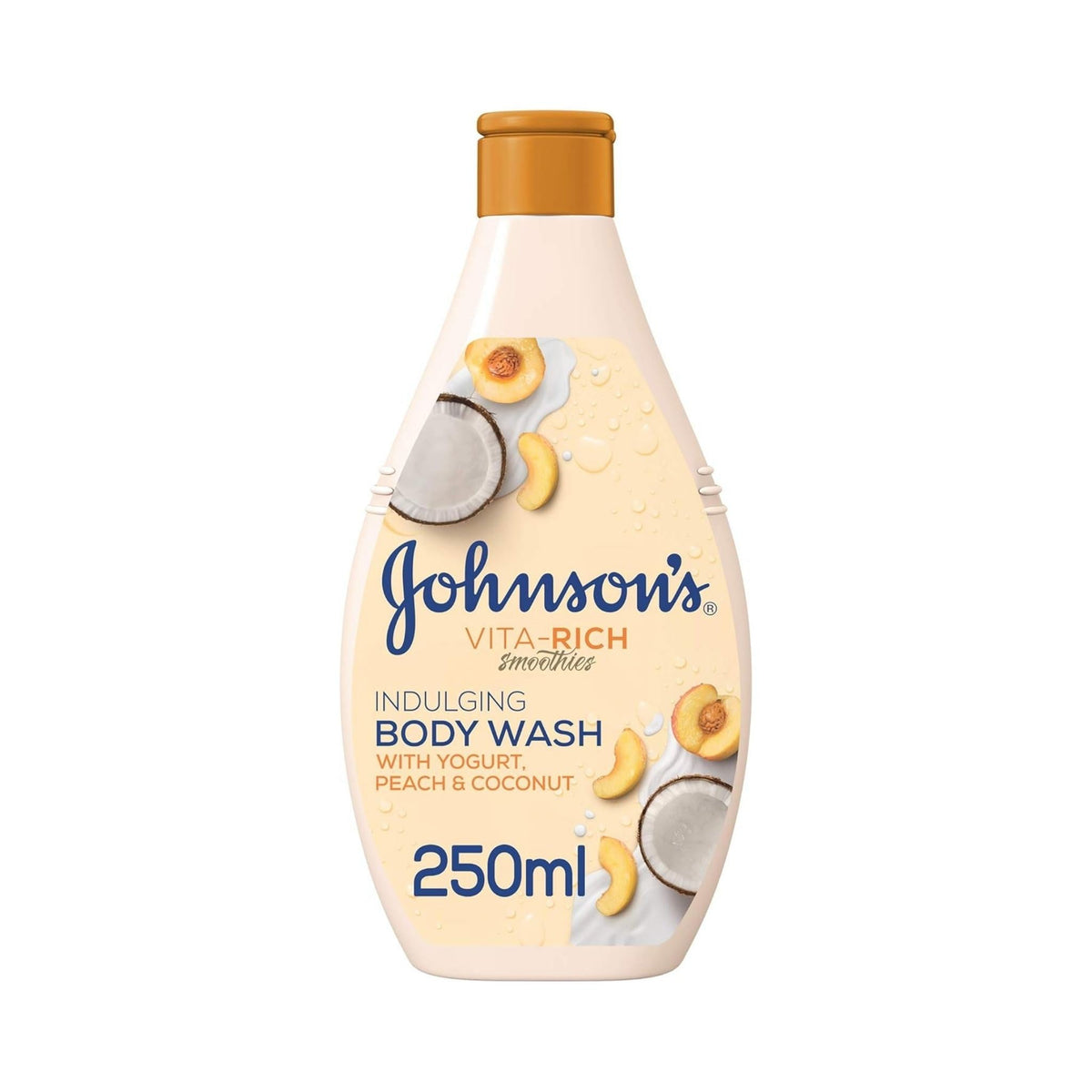 Refect Beauty Johnsons Vita-Rich body wash with yogurt, peach, and coconut extracts in a 250ml bottle.