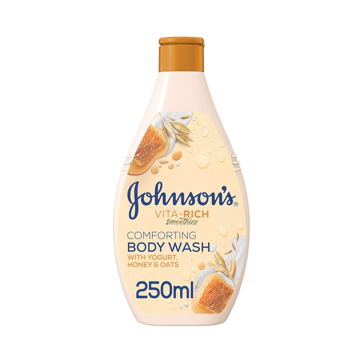 Refect Beauty Johnsons Vita Rich body wash with yogurt, honey, and oats in a 250ml beige bottle.