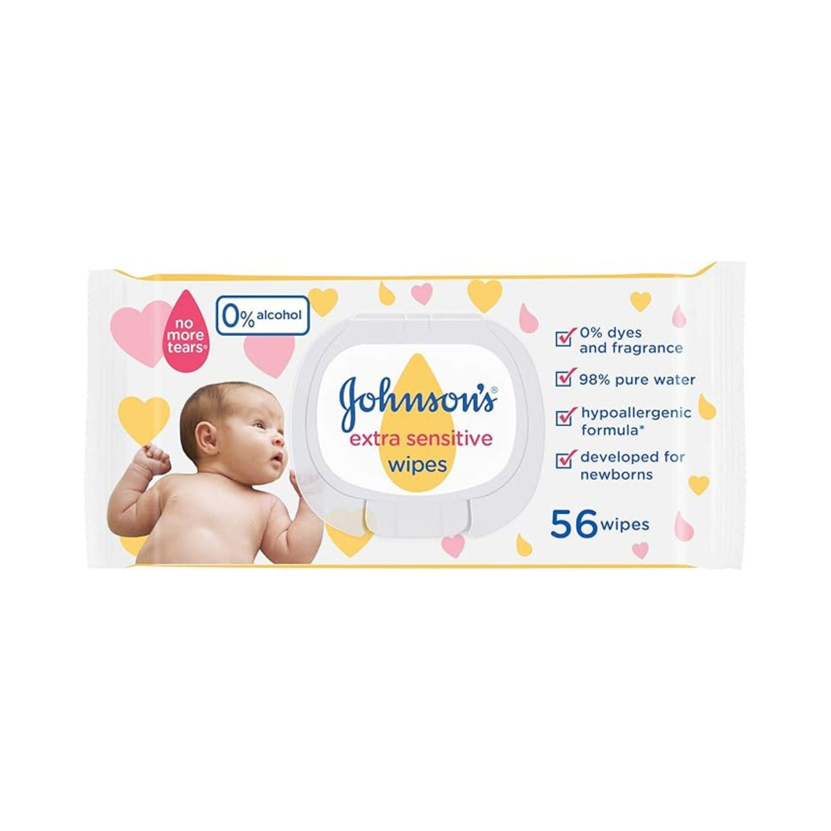 Refect Beauty Johnsons Extra Sensitive baby wipes pack with 56 wipes, featuring a newborn baby and heart pattern.