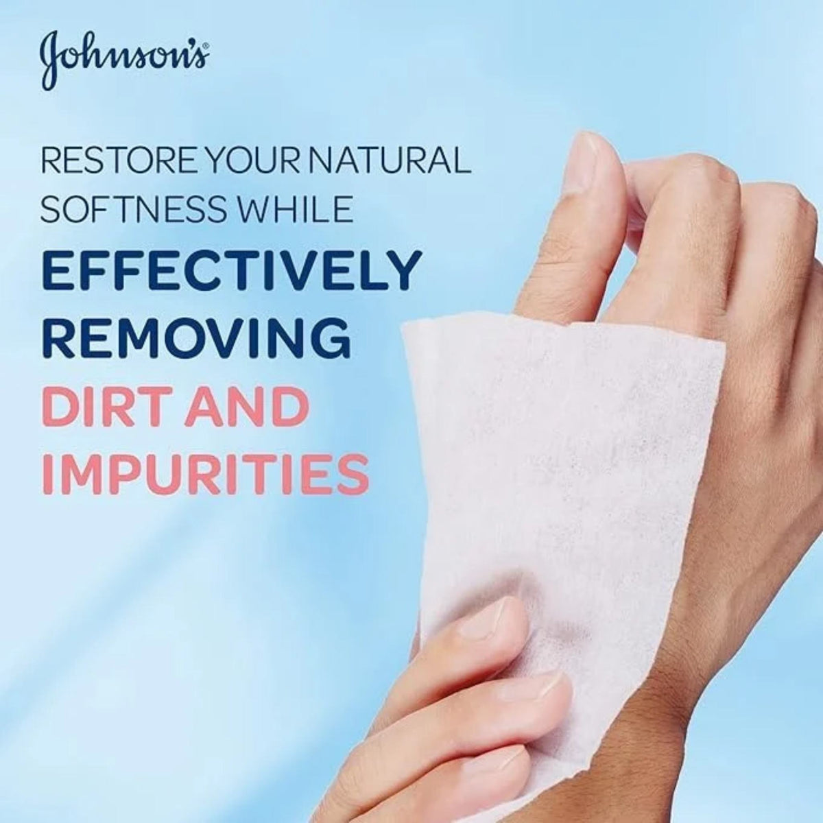 Refect Beauty Johnson's Moisturizing Micellar Wet Wipe being used on a hand to gently cleanse skin