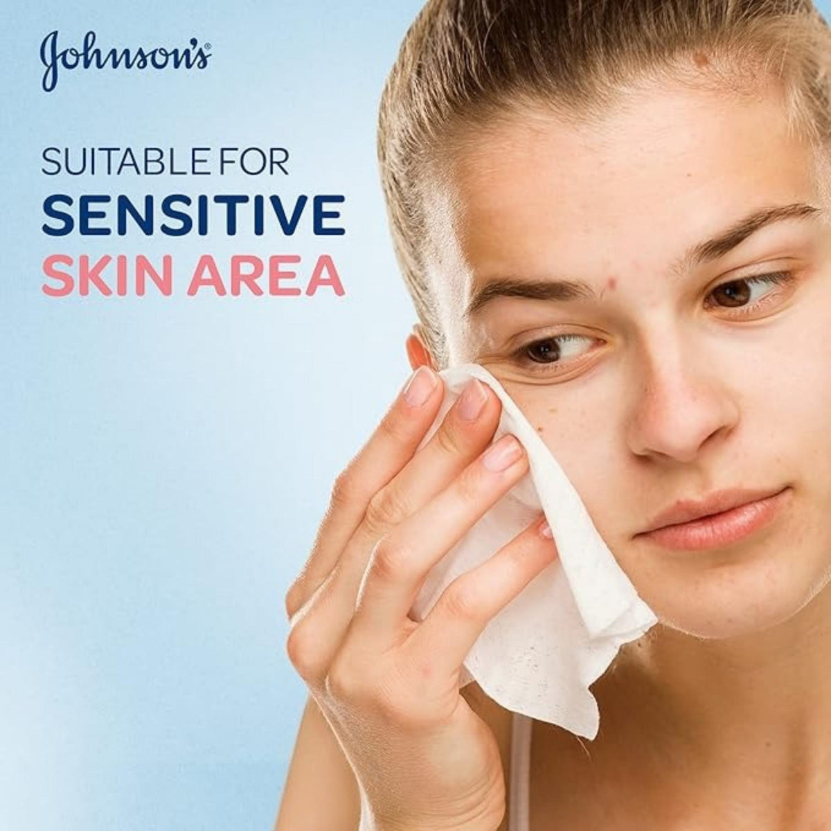 Refect Beauty Johnson's moisturizing micellar wet wipe being used by a woman to gently cleanse her sensitive face