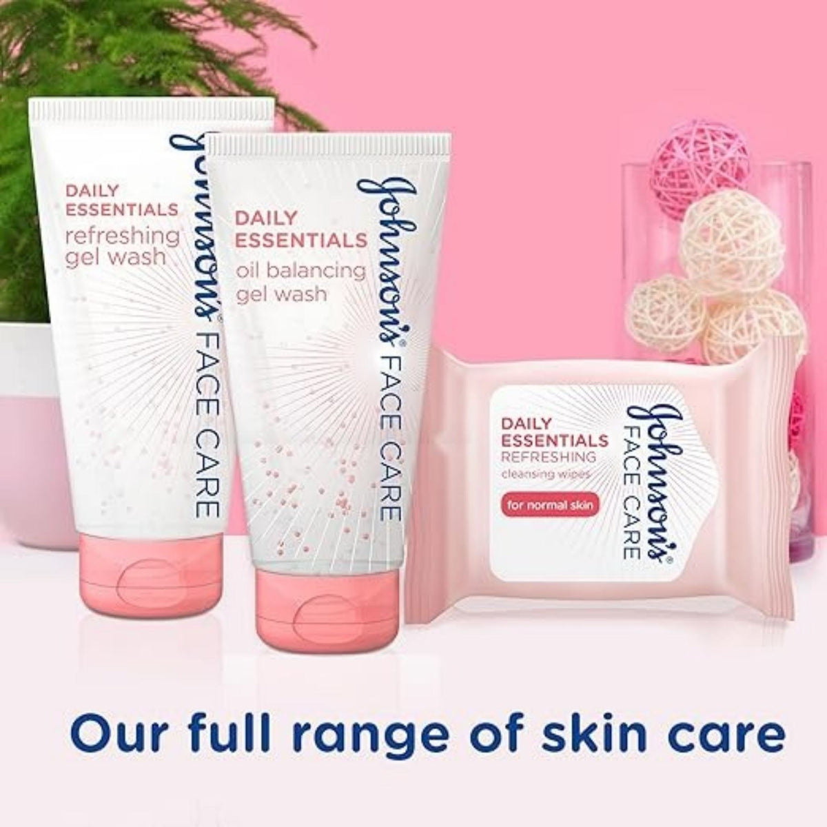 Refect Beauty Johnson's Daily Essentials skincare range featuring refreshing gel wash, oil balancing wash, and wipes.