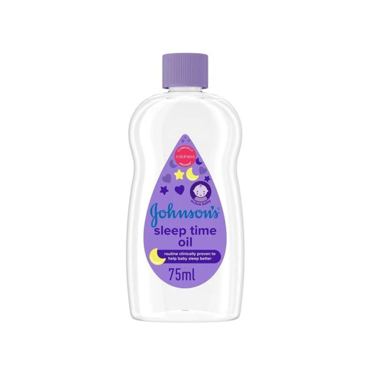 Refect Beauty Johnsons Sleep Time Baby Oil in a 75ml clear bottle with a purple cap and soothing bedtime label design.