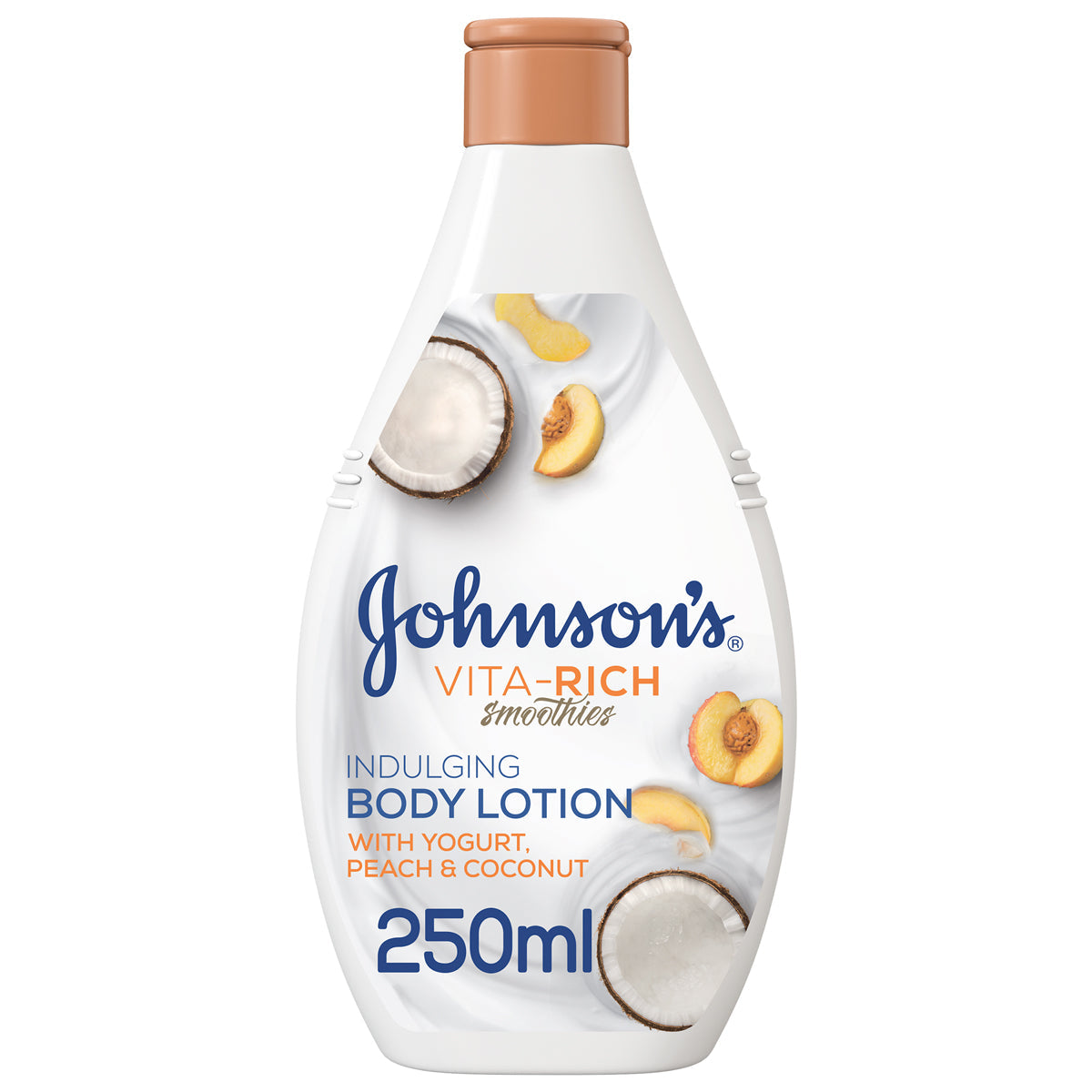 Refect Beauty Johnsons Vita Rich yogurt, peach and coconut body lotion in a 250ml bottle for soft, hydrated skin.