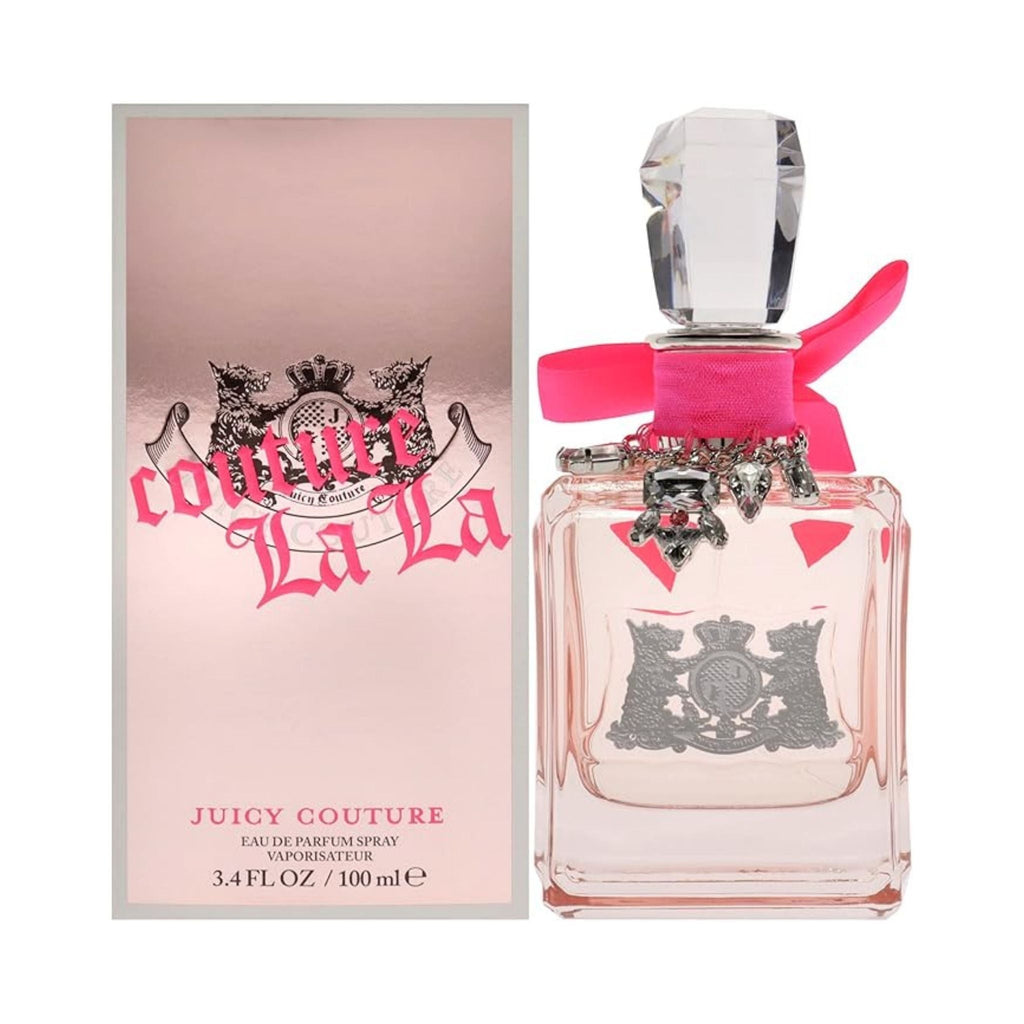 Refect Beauty Juicy Couture La La Eau de Parfum bottle with pink ribbon and matching metallic pink gift box packaging.