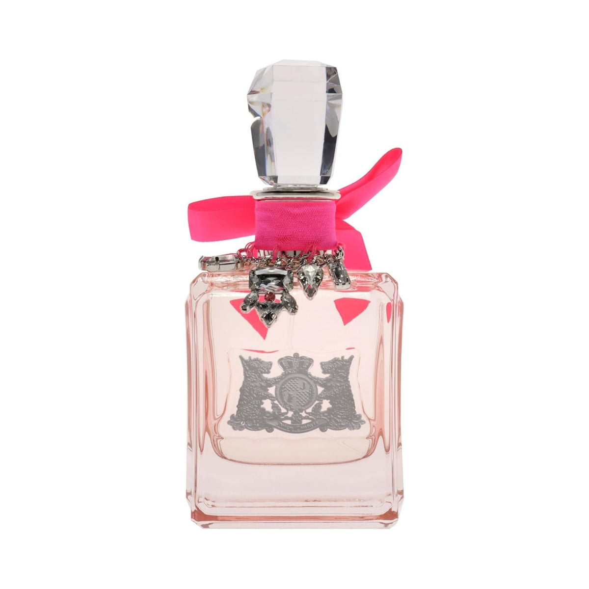 Refect Beauty Juicy Couture La La Eau de Parfum in a clear glass bottle with a bright pink ribbon and silver charms.