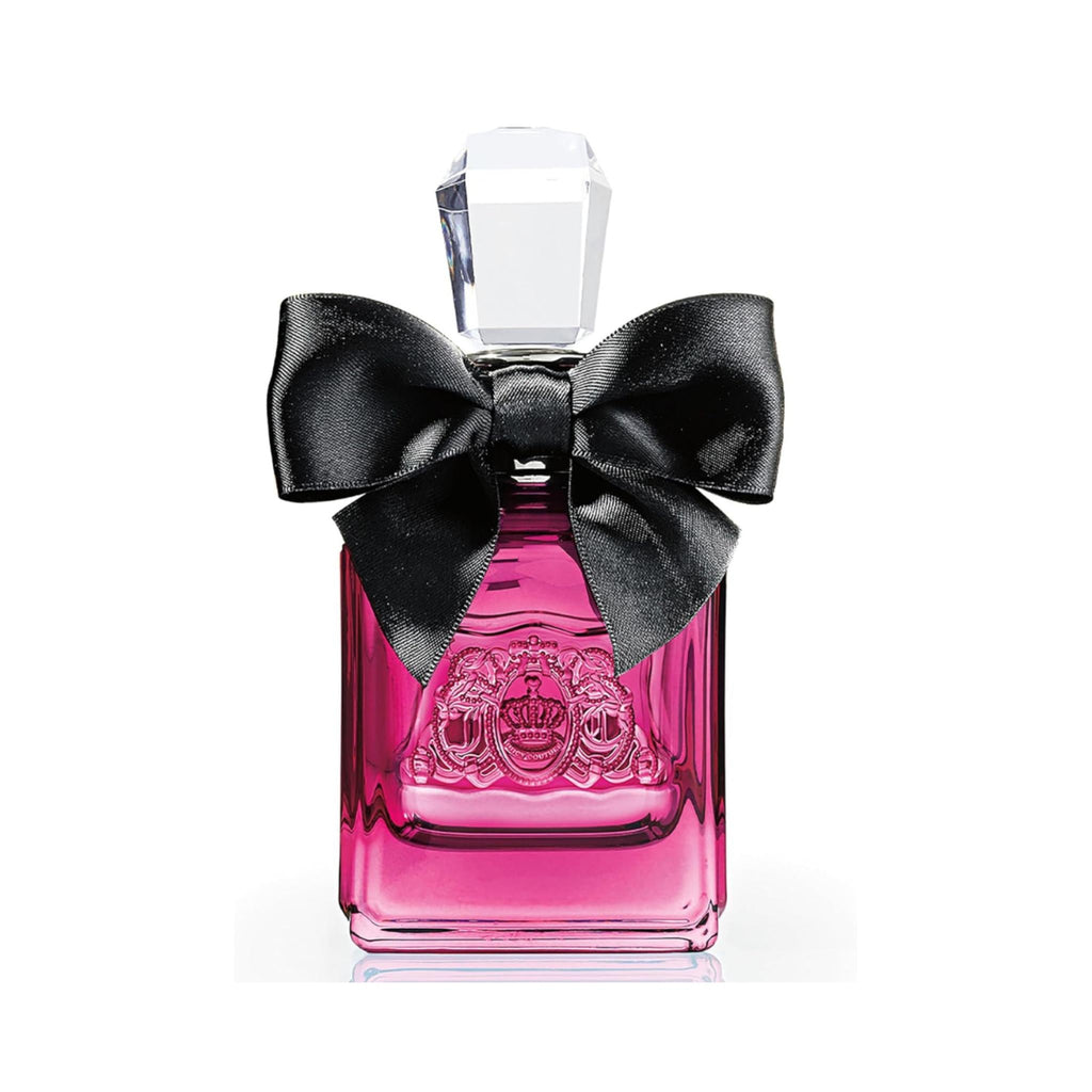Refect Beauty Juicy Couture Viva La Juicy Noir perfume bottle in deep pink glass with a large black satin bow