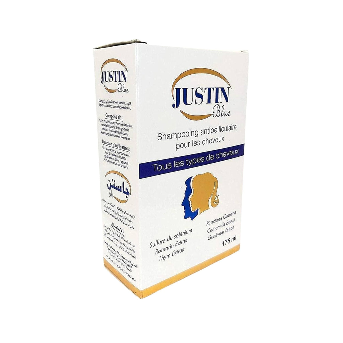 Refect Beauty Justin Blue anti-dandruff shampoo bottle in white and blue packaging for all hair types