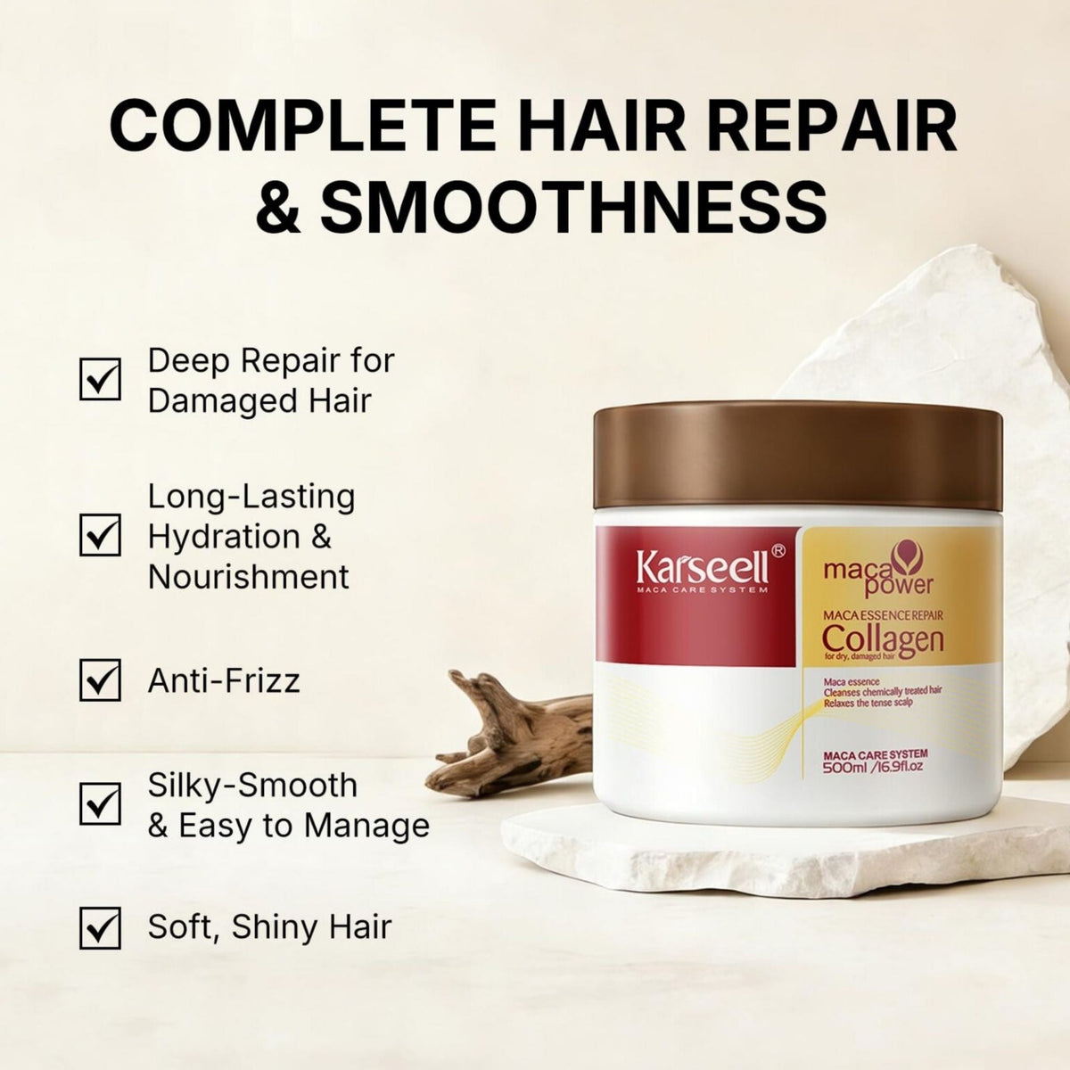 Refect Beauty Karseell Collagen Maca hair repair mask jar on a stone display for deep conditioning and frizz control.