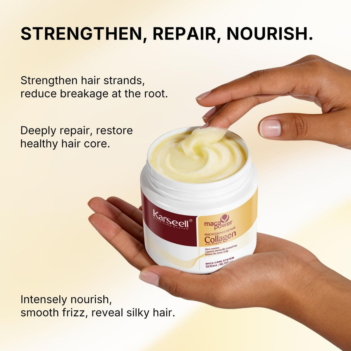 Refect Beauty Karseell Collagen Maca hair mask jar held in hands showing creamy texture for deep conditioning repair