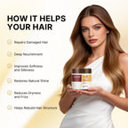 Refect Beauty model holding Karseell Collagen Maca Hair Treatment Mask jar with hair benefits list on background