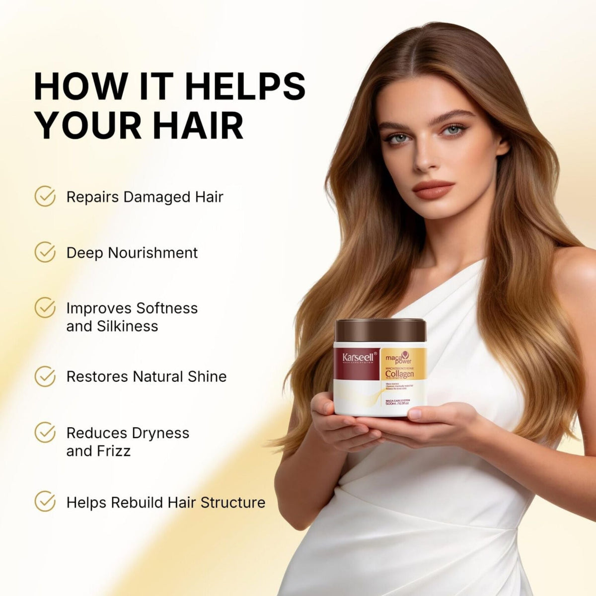 Refect Beauty model holding Karseell Collagen Maca Hair Treatment Mask jar with hair benefits list on background